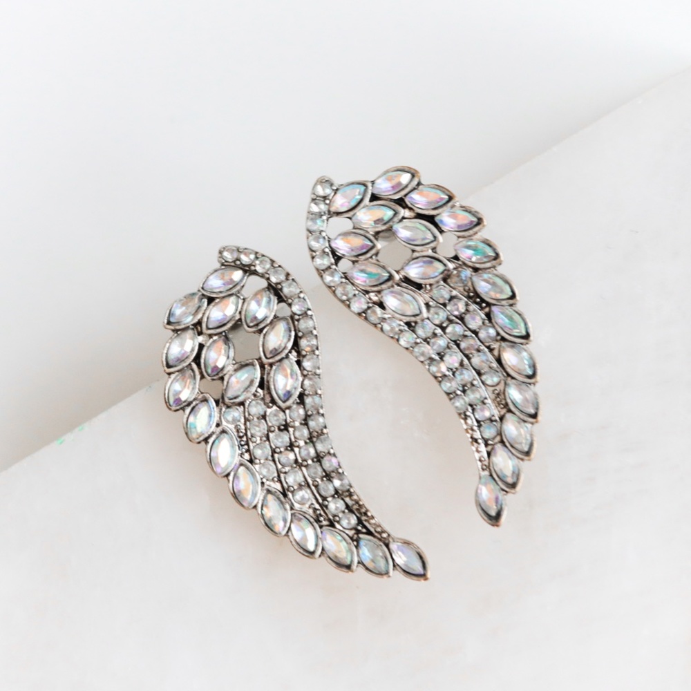 Silver Tone Angel Wings Crystal Rhinestone Stud Earrings